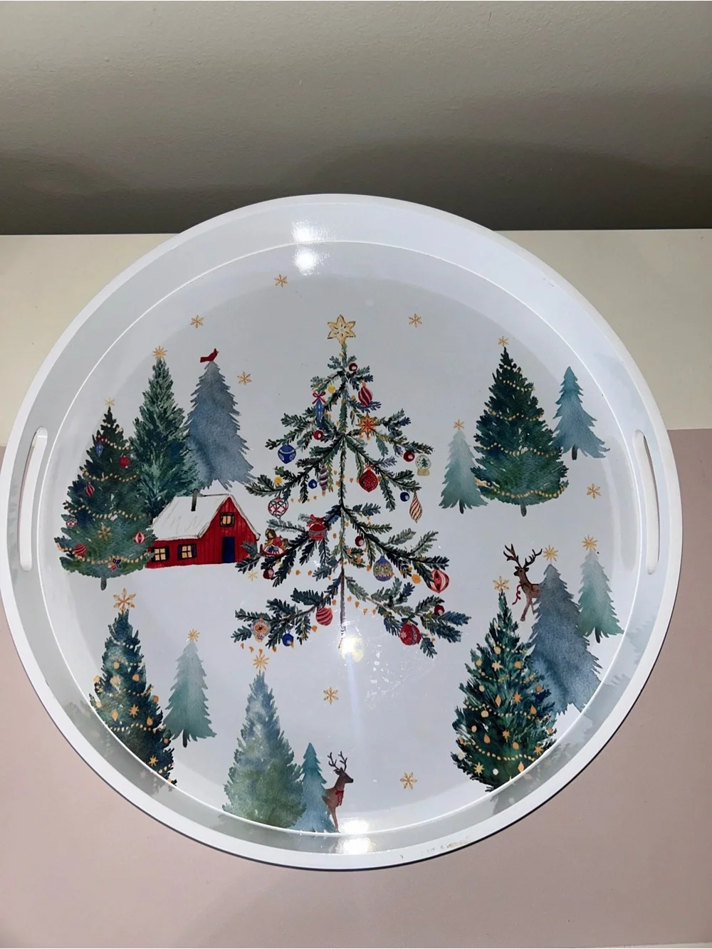 Williams Sonoma Christmas in the Country Round Lacquer Serving Tray White